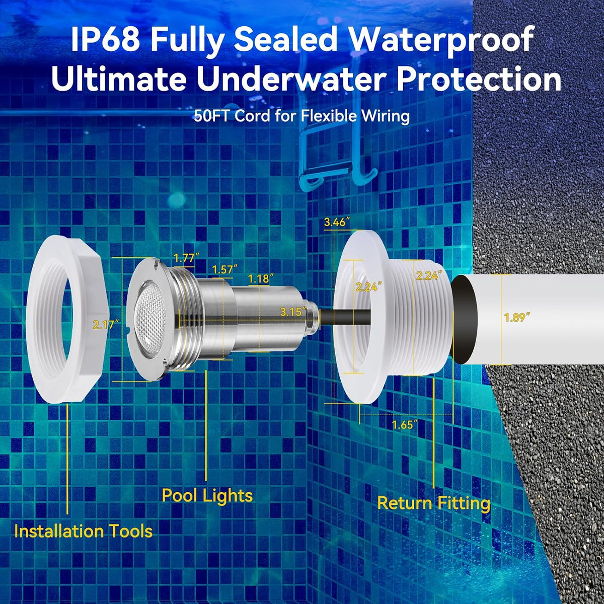 1.5 Inch led Pool Lights and Spa Light，LED Color Inground/Above Ground Pool & Spa Light, IP68 Waterproof, AC120V, (50FT)