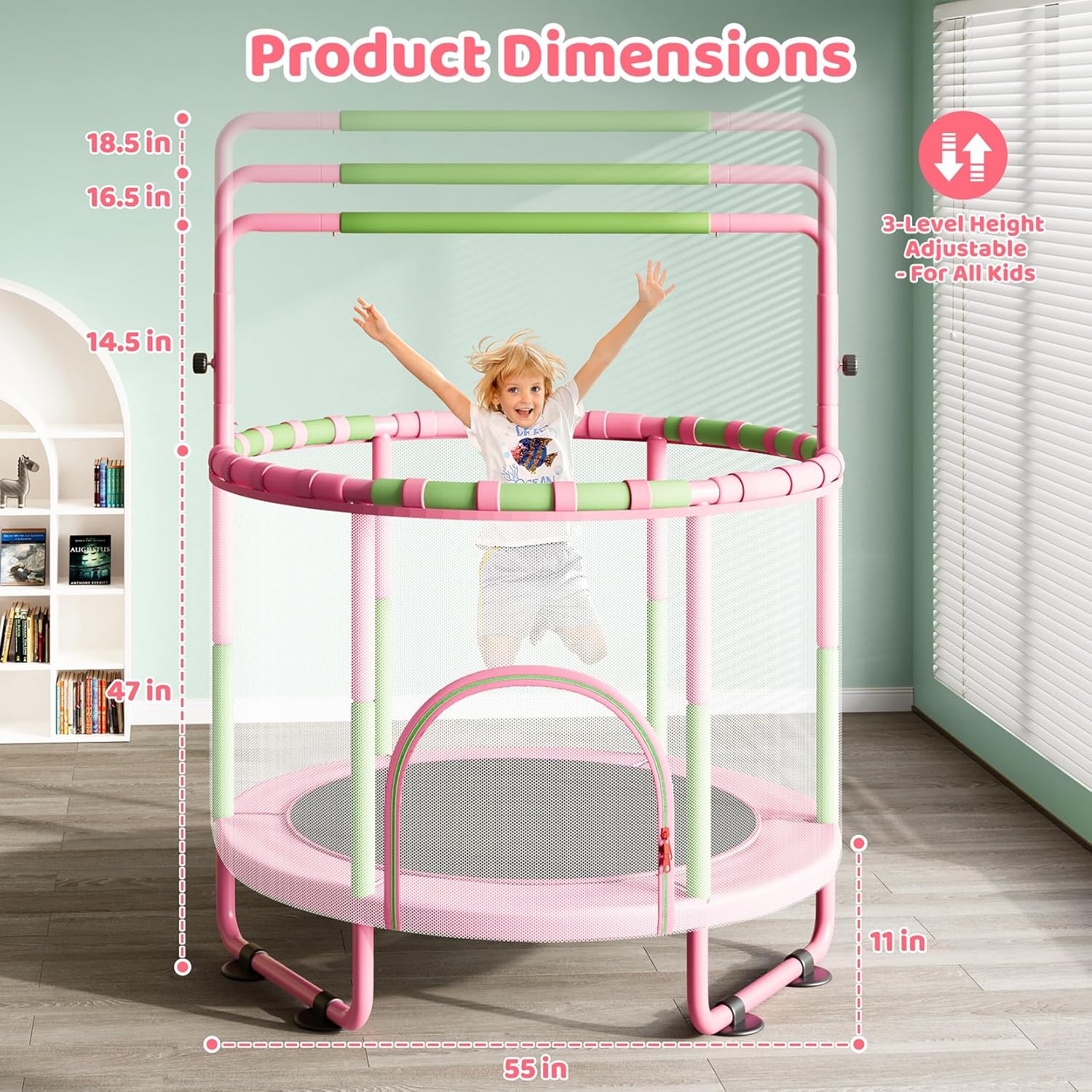 55" Trampoline for Kids with Enclosure, 6-in-1 Toddler Trampoline Indoor Outdoor, Upgrade Full Anti-Rust Tube with