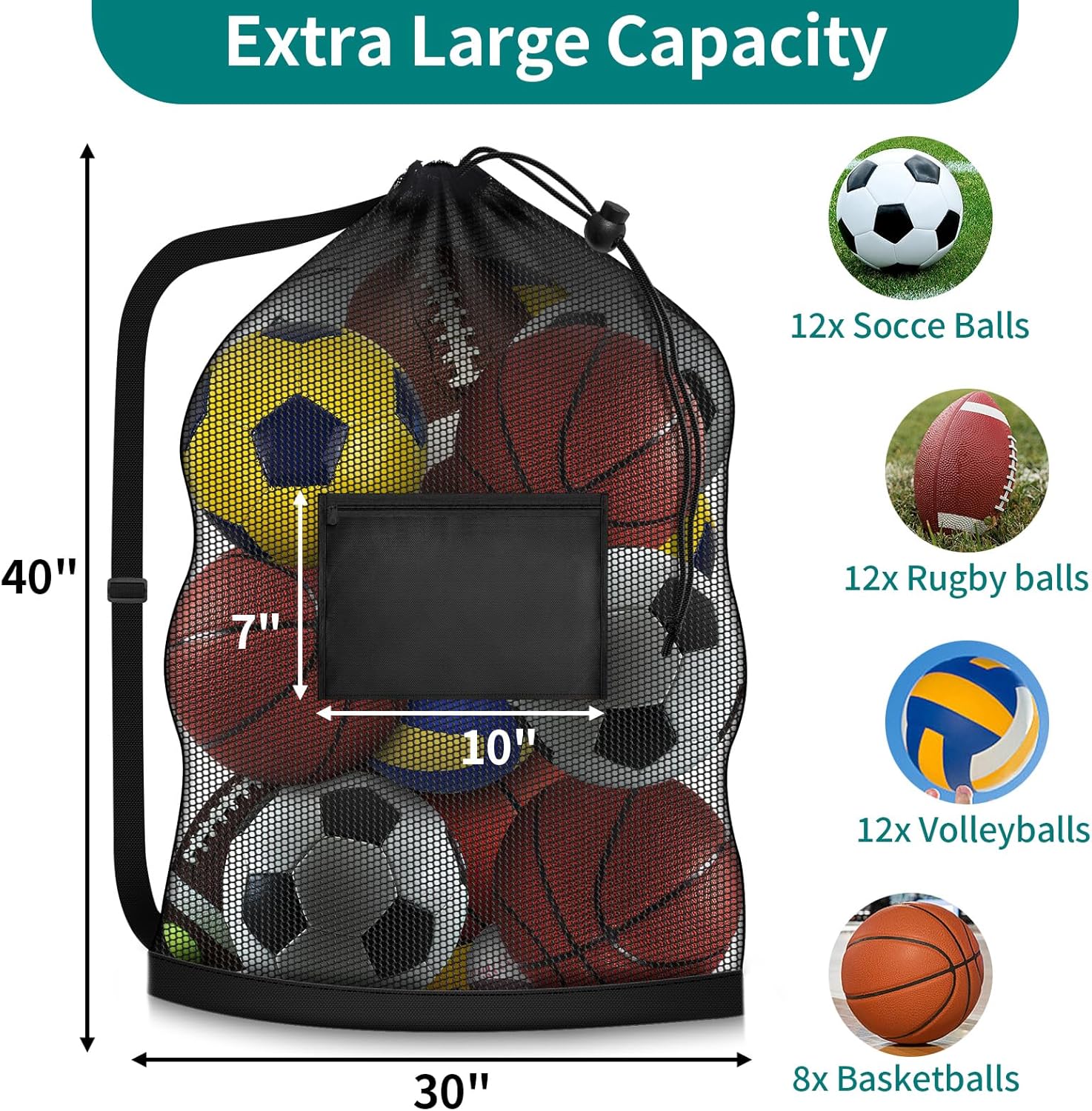 Extra Large Soccer Ball Bag, 40"x30" Drawstring Heavy Duty Mesh Net | Hold 10-12 Basketball Volleyball, Adjustable