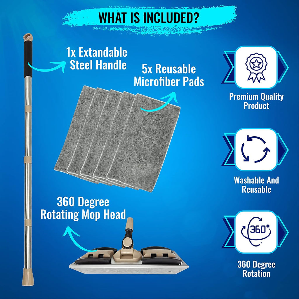 Microfiber Hardwood Floor Wet and Dry Dust Mop w/ 5 Reusable Pads, 360 Spin Mop System | Use on Wood, Tile, Laminate