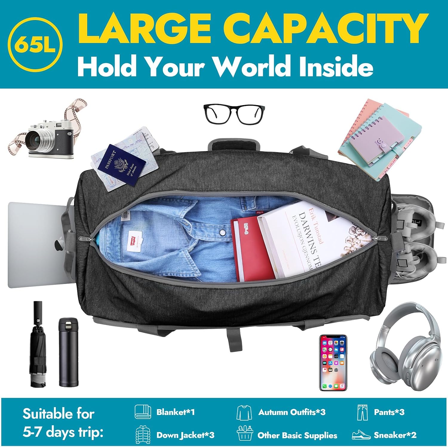 65L Travel Duffel Bag, Foldable Weekender Bag with Shoes Compartment for Men Women Water-proof & Tear Resistant