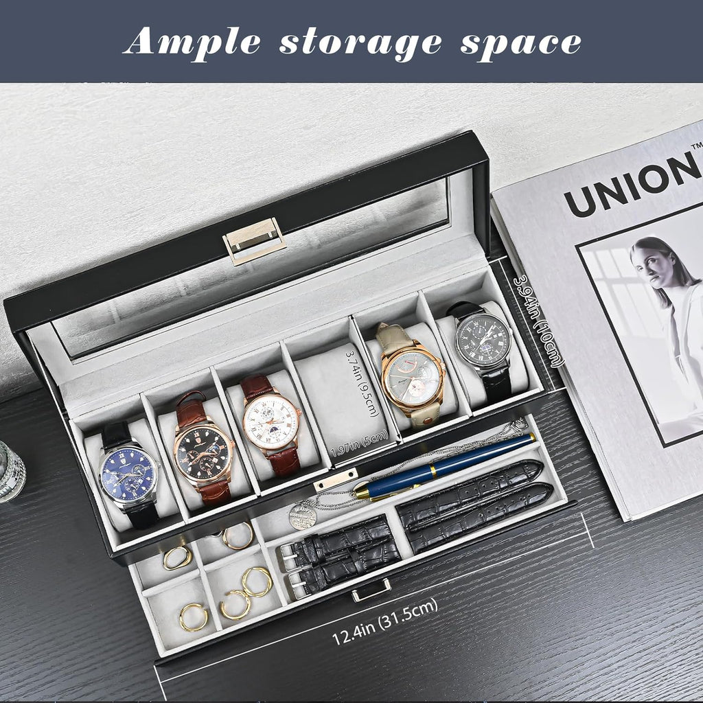 Watch Box, 6 Slot Watch Display Case with Drawer -Black | Mens Watches Case with Glass Lid, 2-Layer Mens Jewelry