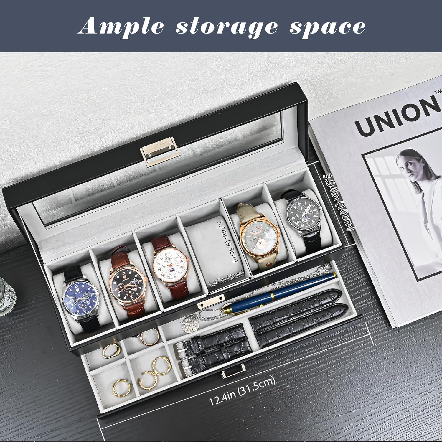 Watch Box, 6 Slot Watch Display Case with Drawer -Black | Mens Watches Case with Glass Lid, 2-Layer Mens Jewelry