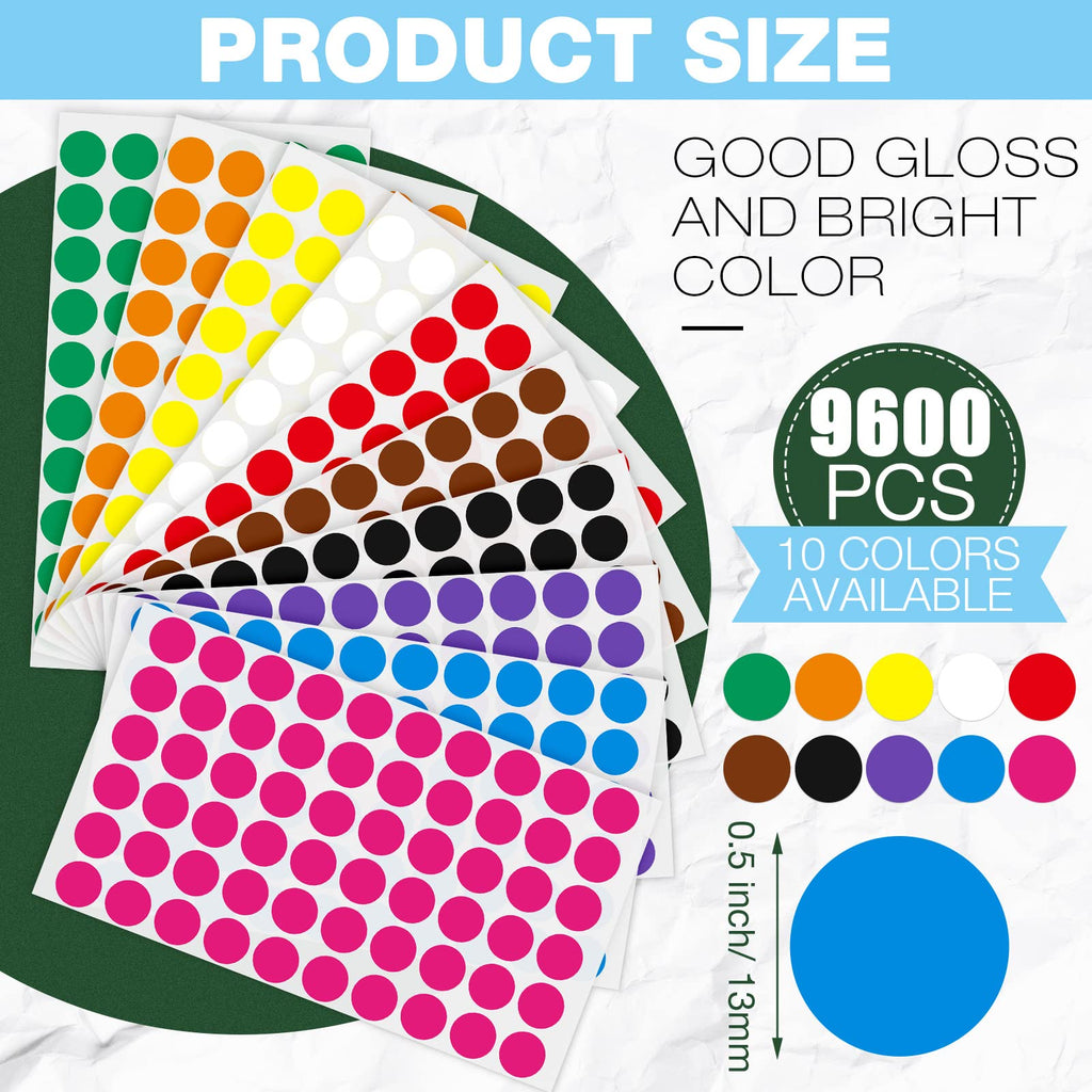 9600 Pieces 1/2 Inch Colored Dot Stickers Round Labels 10 Colors