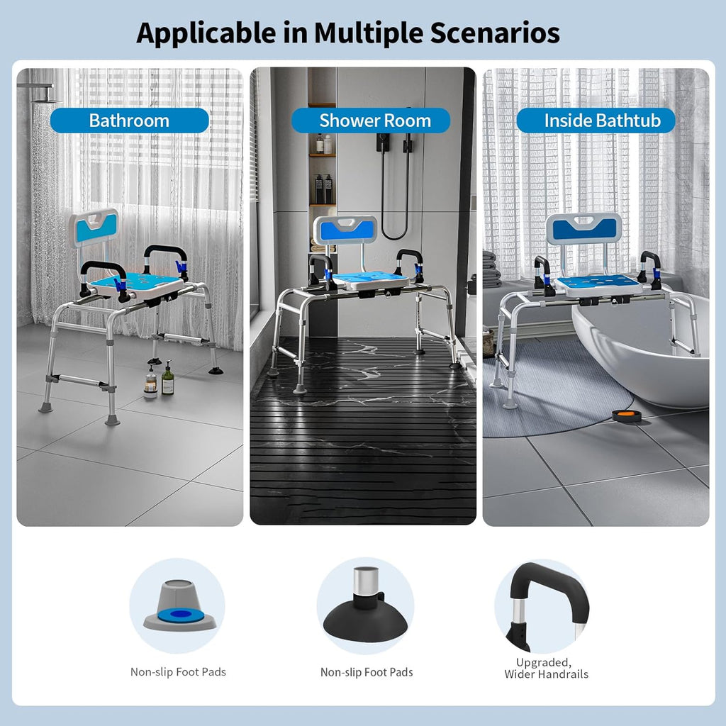 Sliding Shower Chair with Arms and Back, 500lbs Tub Transfer Benches with Non Slip Aluminum Body and Suction Cups