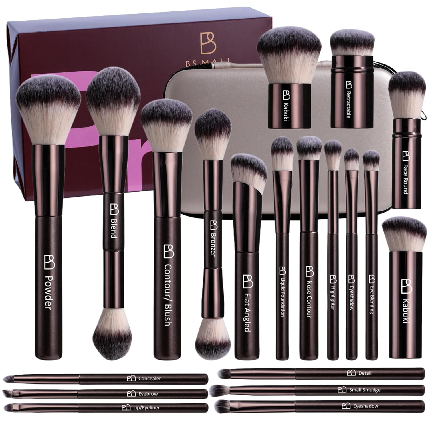 Professional Makeup Brush Set BS-MALL with Travel Case, 20PCS Synthetic Makeup Brushes for Foundation, Conce aler