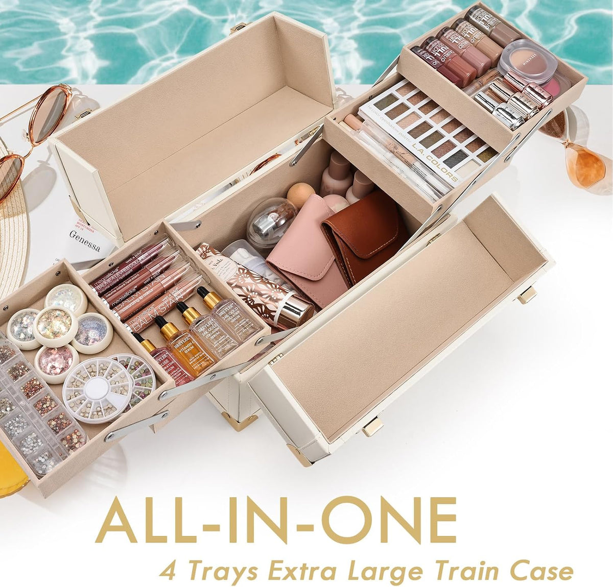 Makeup Train Case Large Portable Cosmetic Makeup Storage Box Organizer Lockable with 4 Tray Compartments Retro