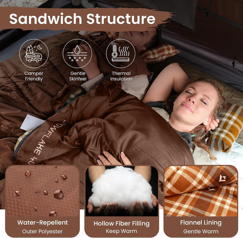 Sleeping Bag for Adults, 100% Flannel XL Big and Tall | Cold Weather Warm Sleeping Bags with Compression Sack