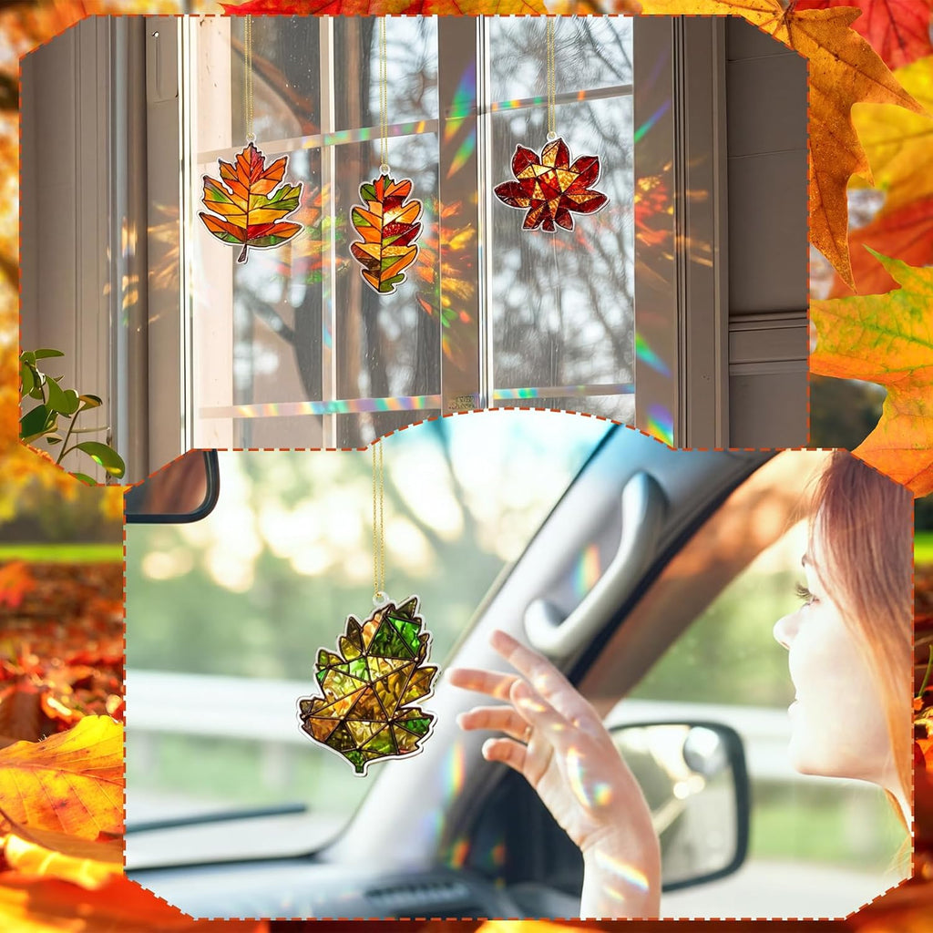6 Pcs Fall Window Decor Acrylic Maple Leaf Suncatcher Tree Ornaments Stained Glass Style Waterproof Fall Decoration
