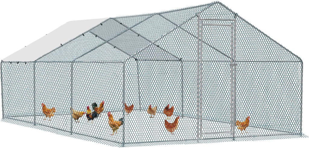 Chicken Coop, 19.5×10 FT Large Metal Chicken House, Poultry Habitat Cage with Waterproof Cover, Walk-in Chicken Run