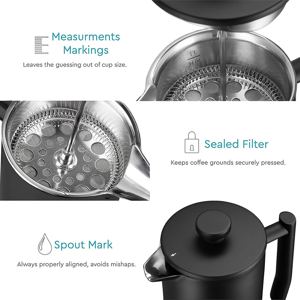 French Press Coffee Maker - 50oz Stainless Steel, Insulated Coffee Press | Large 6 Cup 50oz Capacity, Double Wall