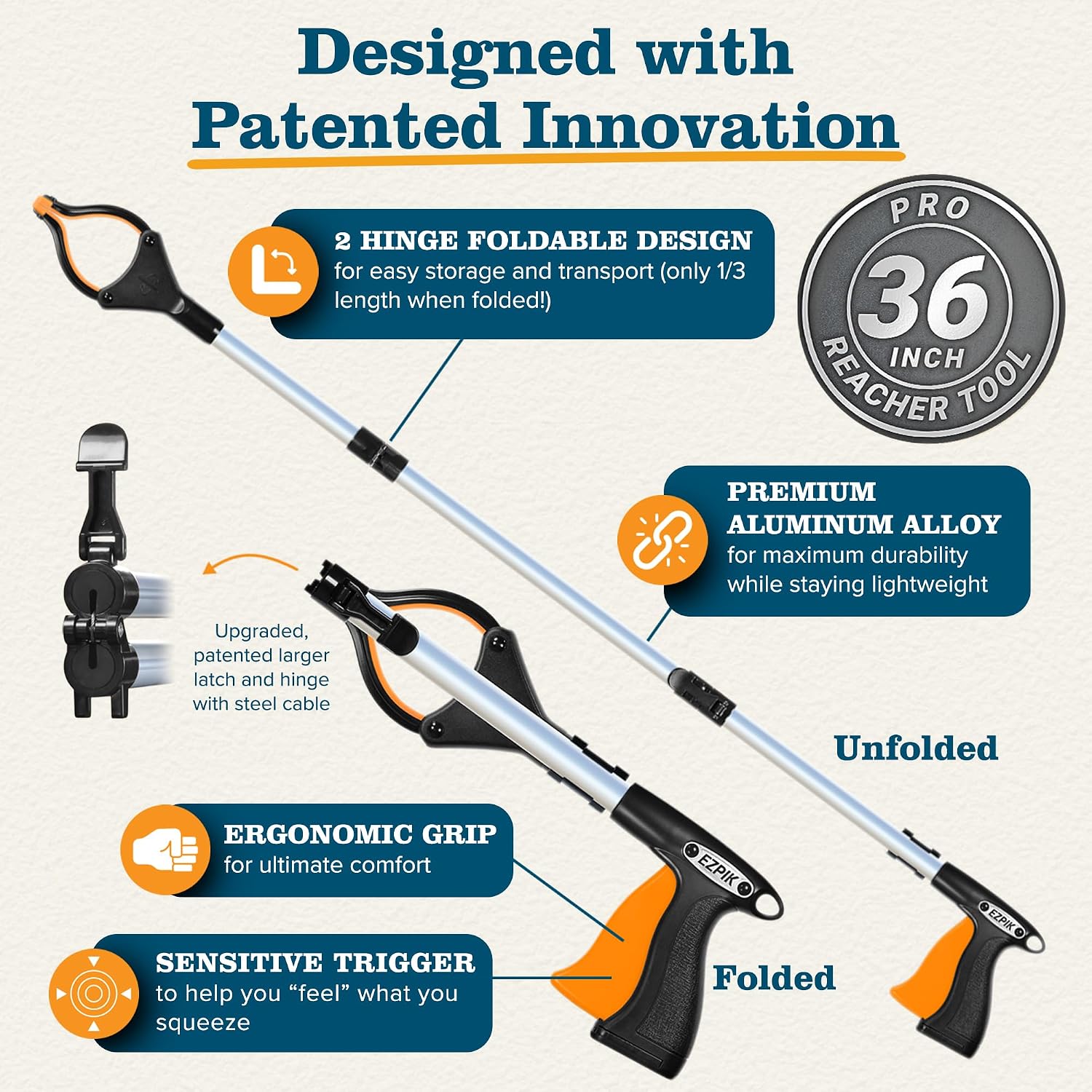 Pro 36" Flexible Folding Grabber Tool for Elderly + Magnets, Reacher for Disabled & Seniors Heavy Duty Rotating