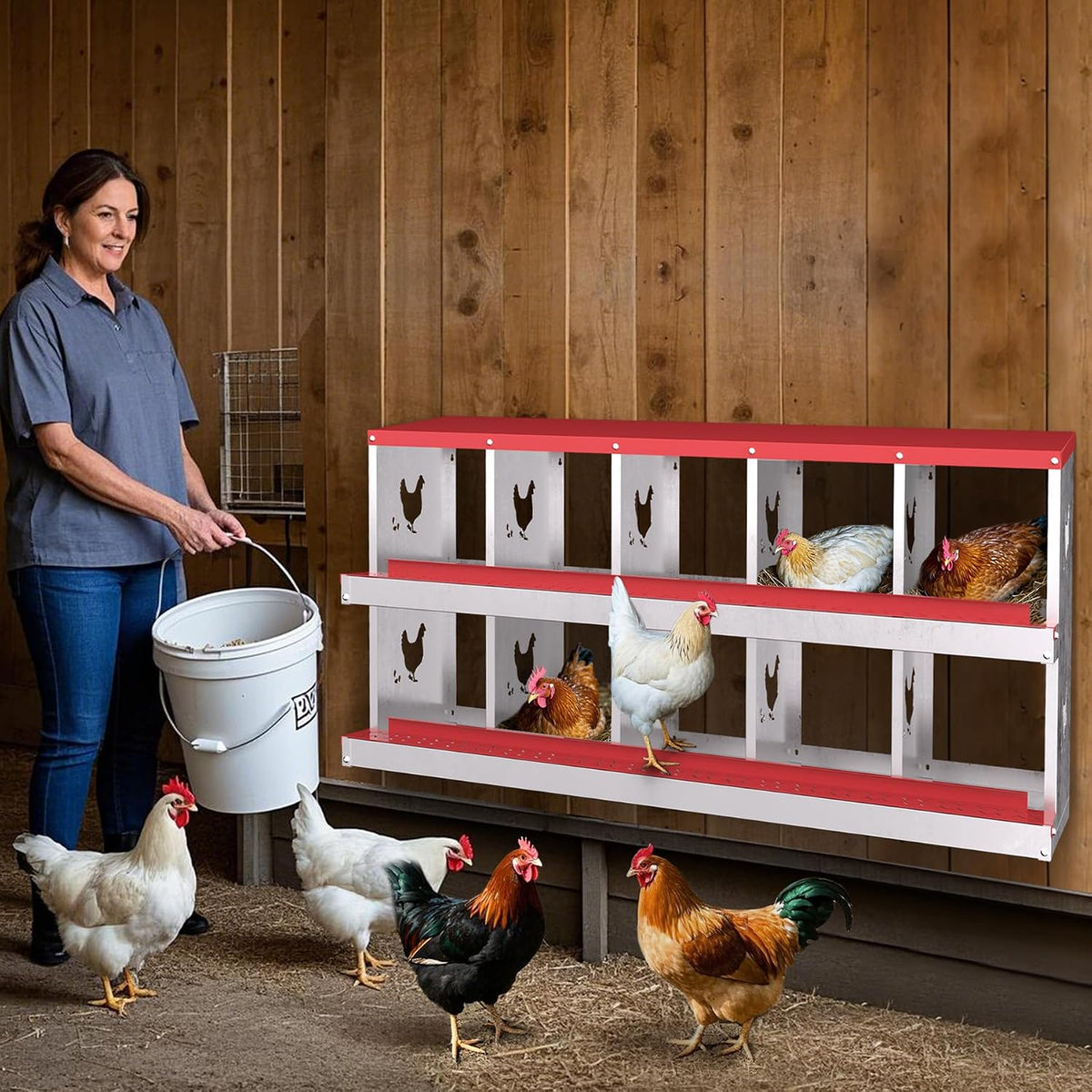 10 Compartment Chicken Nesting Box, Nesting Boxes for Chickens, Metal Chicken Laying Boxes with Perch, Secure Lid