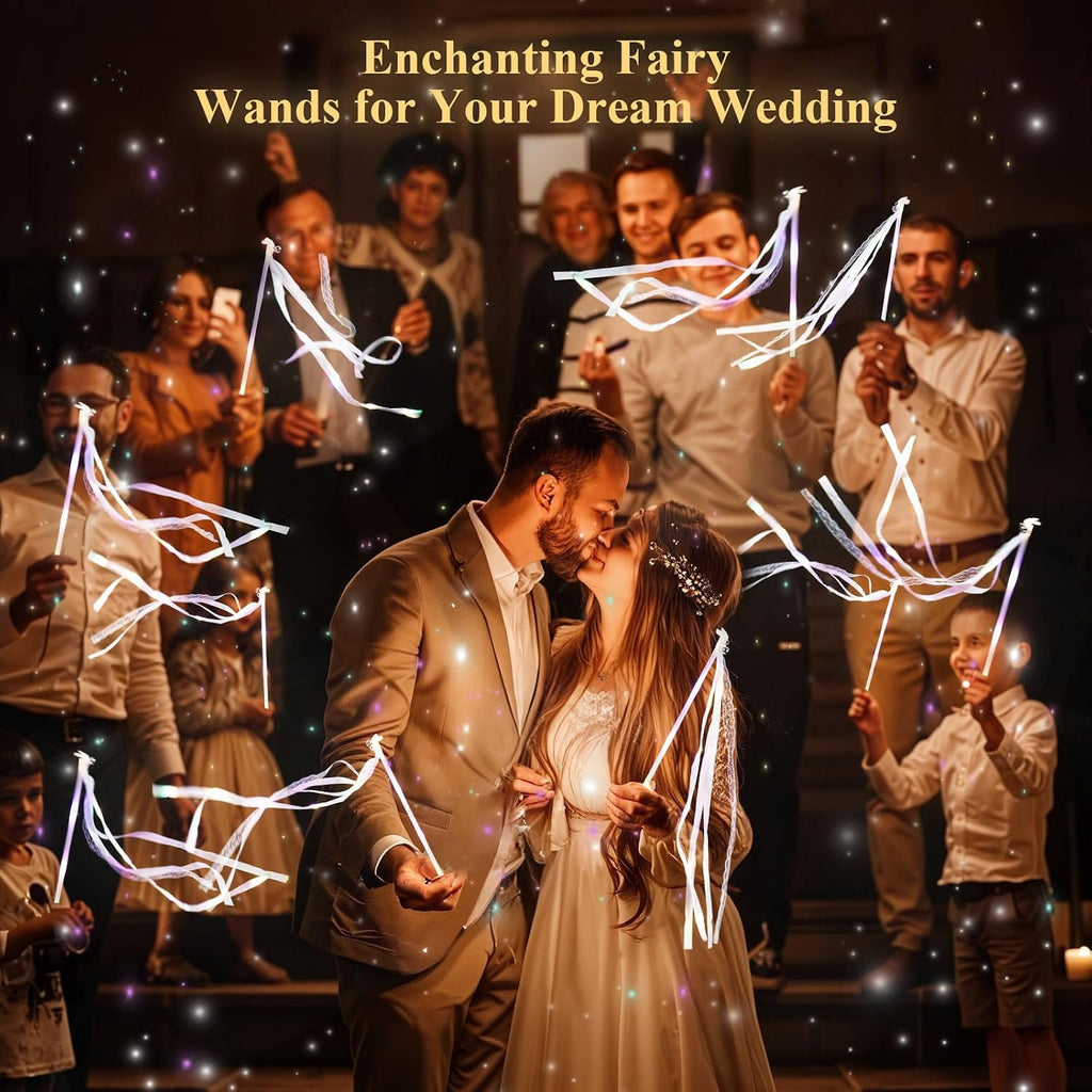 100 Wedding Send Off Light Up Wands with 4-Color LED Ribbons,Flashing Magic Wands with Bells & Streamers,Safe