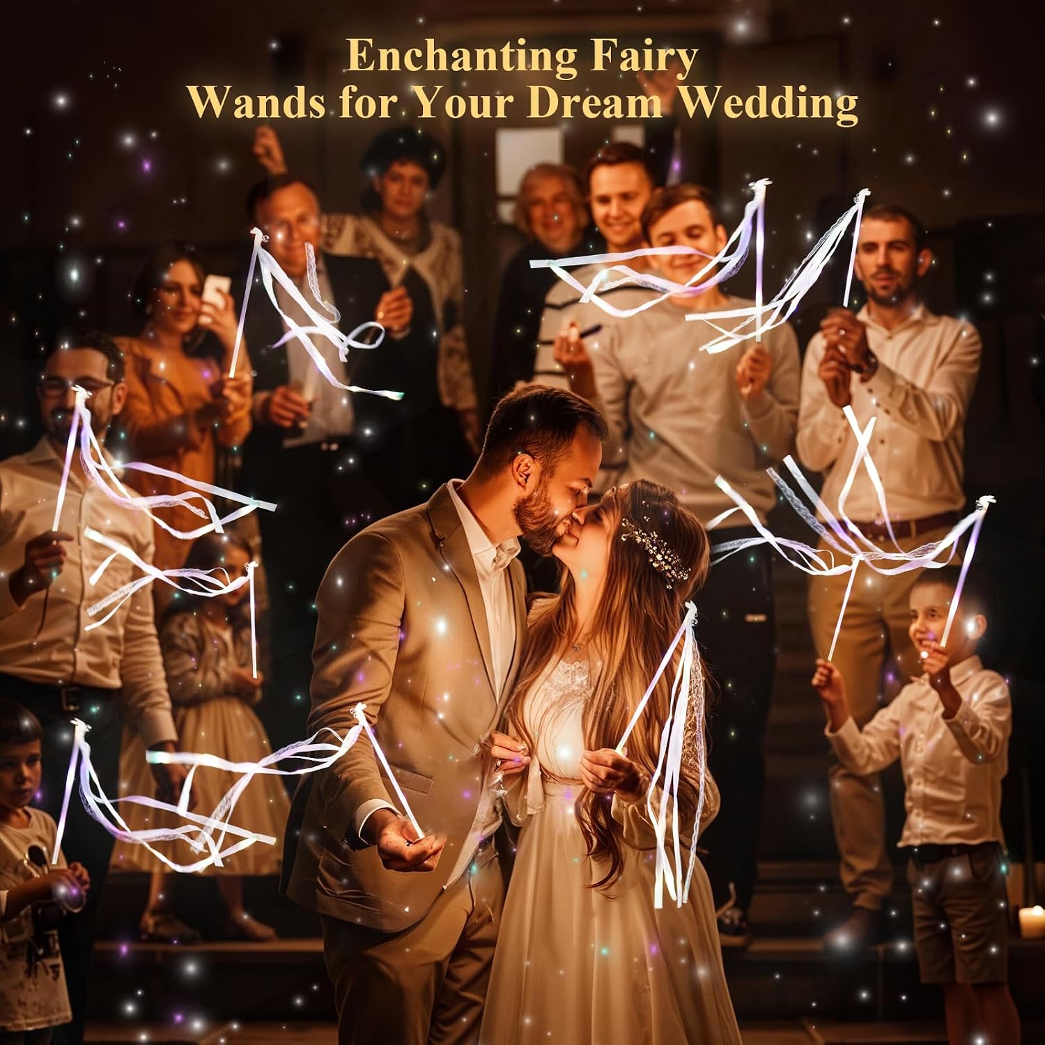 100 Wedding Send Off Light Up Wands with 4-Color LED Ribbons,Flashing Magic Wands with Bells & Streamers,Safe
