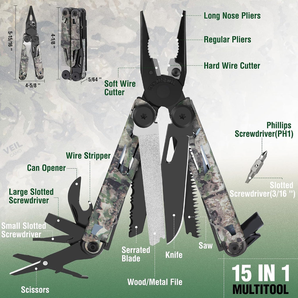 15-in-1 EDC Multitool Pliers with Sheath, Pocket Knife | Stainless Steel with Knife, Saw and Screwdrivers. Nylon