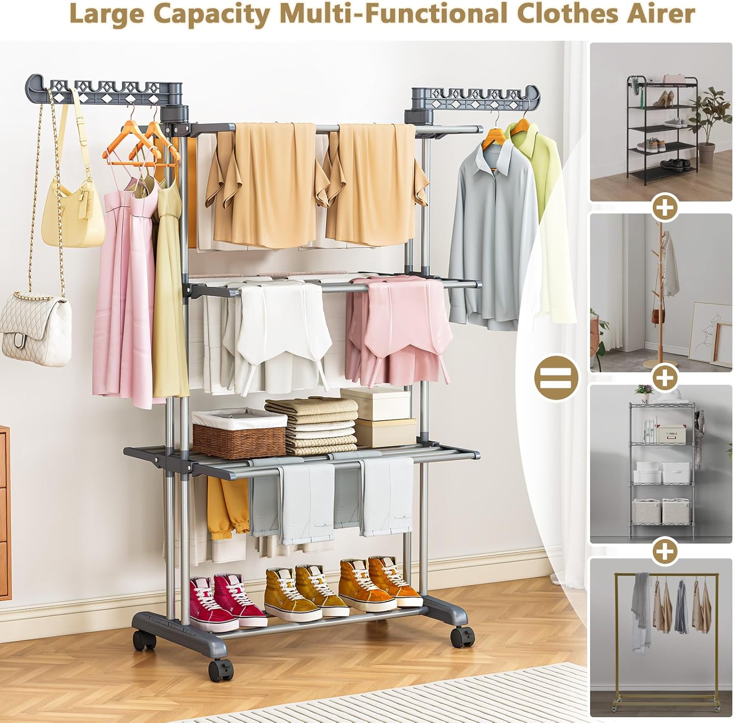 𝟖𝟎% 𝟎𝐟𝐟 Clothes Drying Rack Foldable, 4-Tier Drying Rack with Wheels | Upgraded Foldable Laundry Drying Rack, Clothes