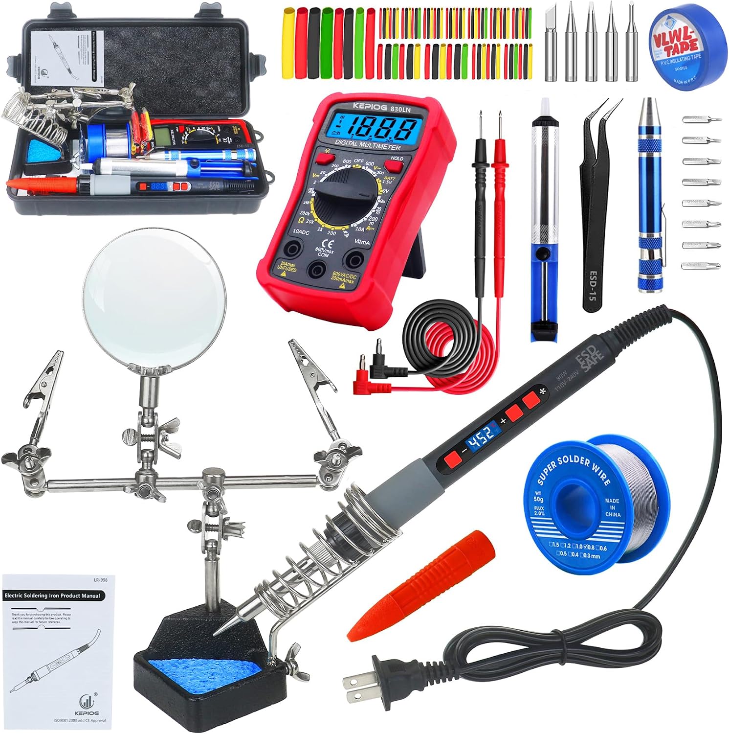 Soldering Iron Kit, 80W Electric Solder iron, Adjustable Temperature (180°C- 500°C）, With Multimeter, Magnifier