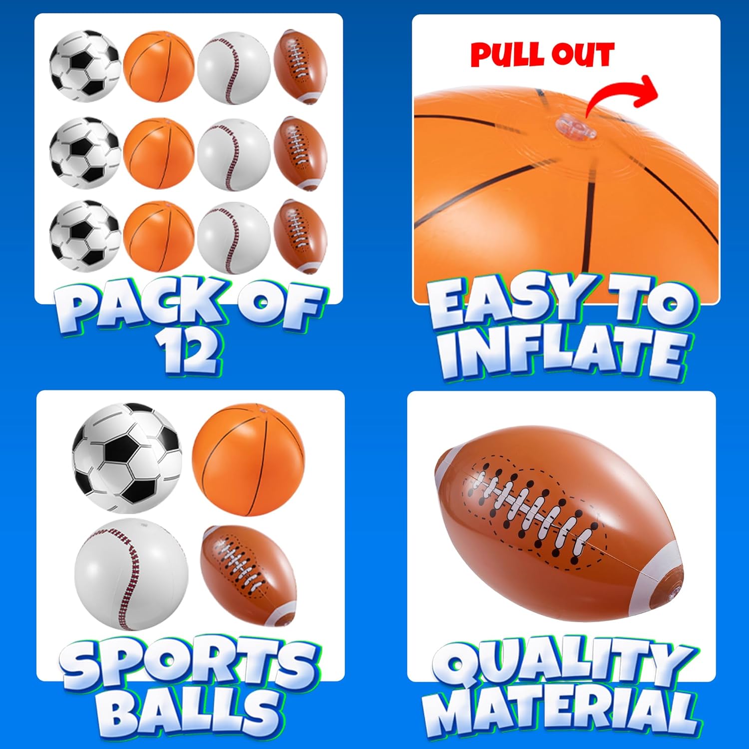 16" Inflatable Sports Beach Balls Variety Pack (12 Pcs) - 3 of Each - Basketball, Baseball, Football, Soccer Beach