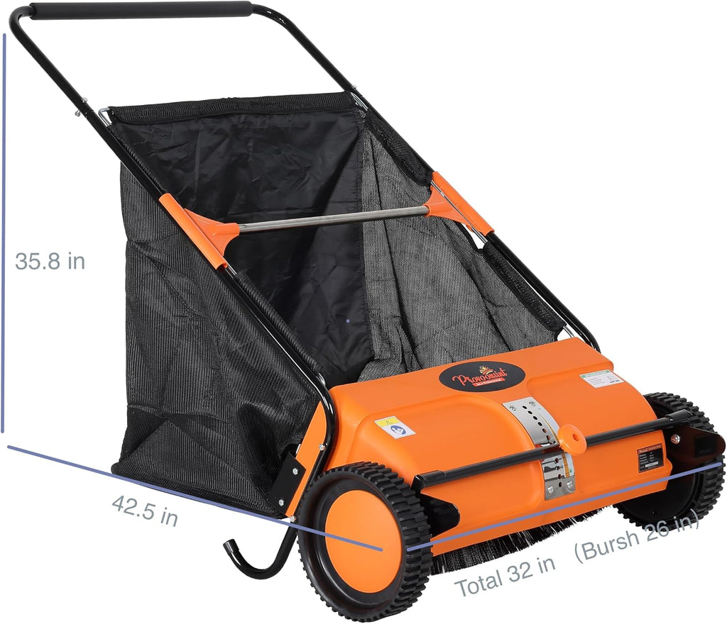 26-Inch Push Lawn Sweeper, 7 Cu.Ft. Hopper Capacity, 2 Spiral Spinning Brushes, Adjustable Height, Dustproof