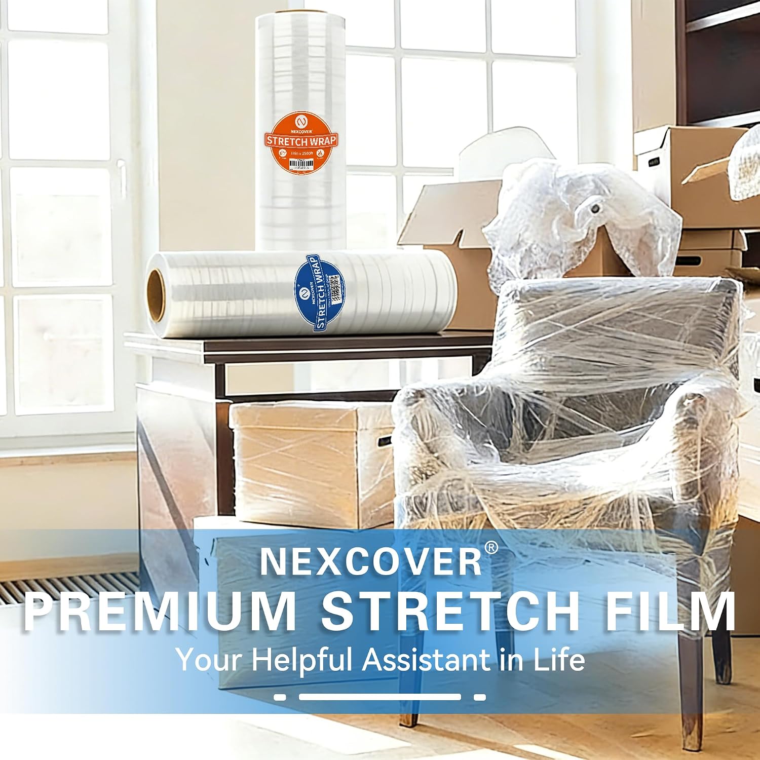 18 Inch Stretch Wrap - 1200 Feet | 60 Gauge, 2 Roll Clear Plastic Self-adhering Stretch Wrap Film for Pallet Wrap
