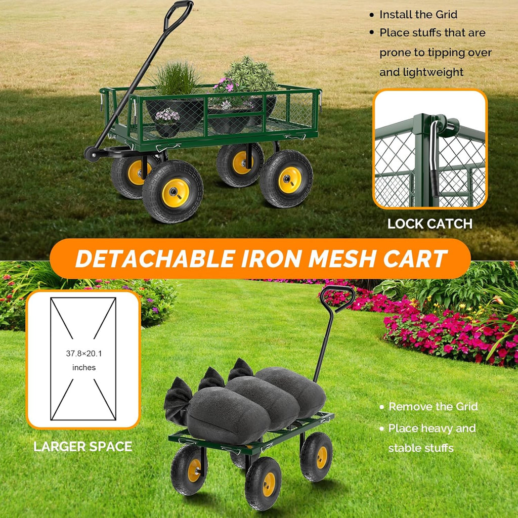 Heavy Duty 800 LBS Mesh Steel Garden Cart, Detachable Utility Wheelbarrow, Yard and Garden Wagon Cart with Removable