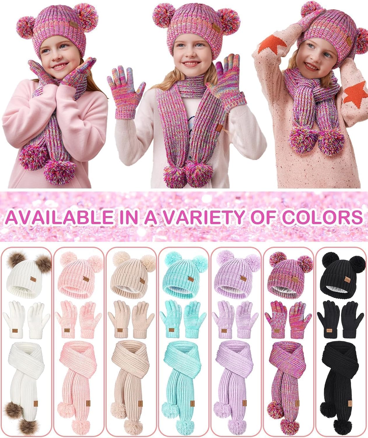 Kids Winter Hat Gloves Scarf Set, Toddler Girls Boy Fleece Lined PomPom Beanie Hat Kint Neck Long Scarf Warm Mittens