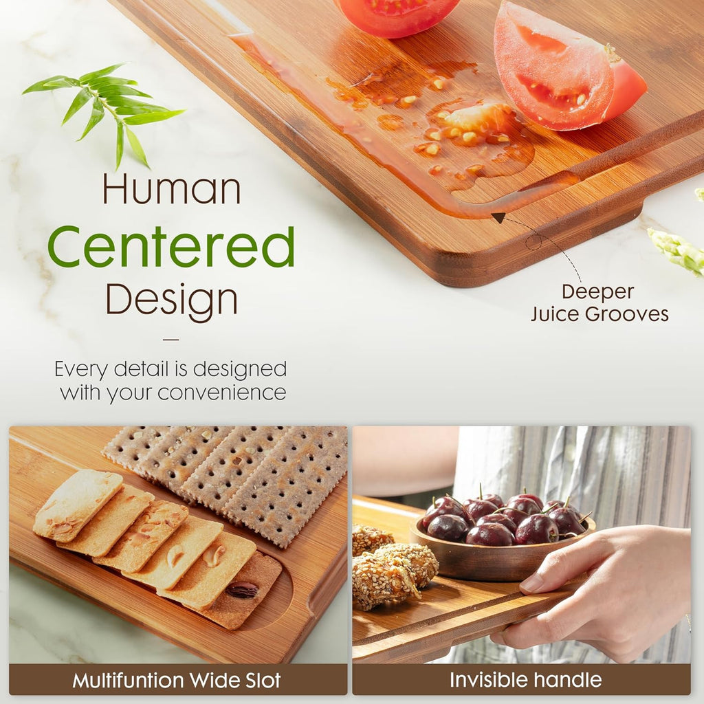 Deep-Carbonized Bamboo Cutting Boards for Kitchen with Wood Storage Stand, Reversible Charcuterie & Chopping Boards