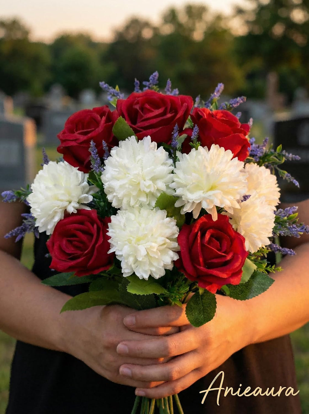 Artificial Spring Cemetery Flowers for Grave Vase - Red Roses & White Ball Chrysanthemums Bouquet, Silk Funeral