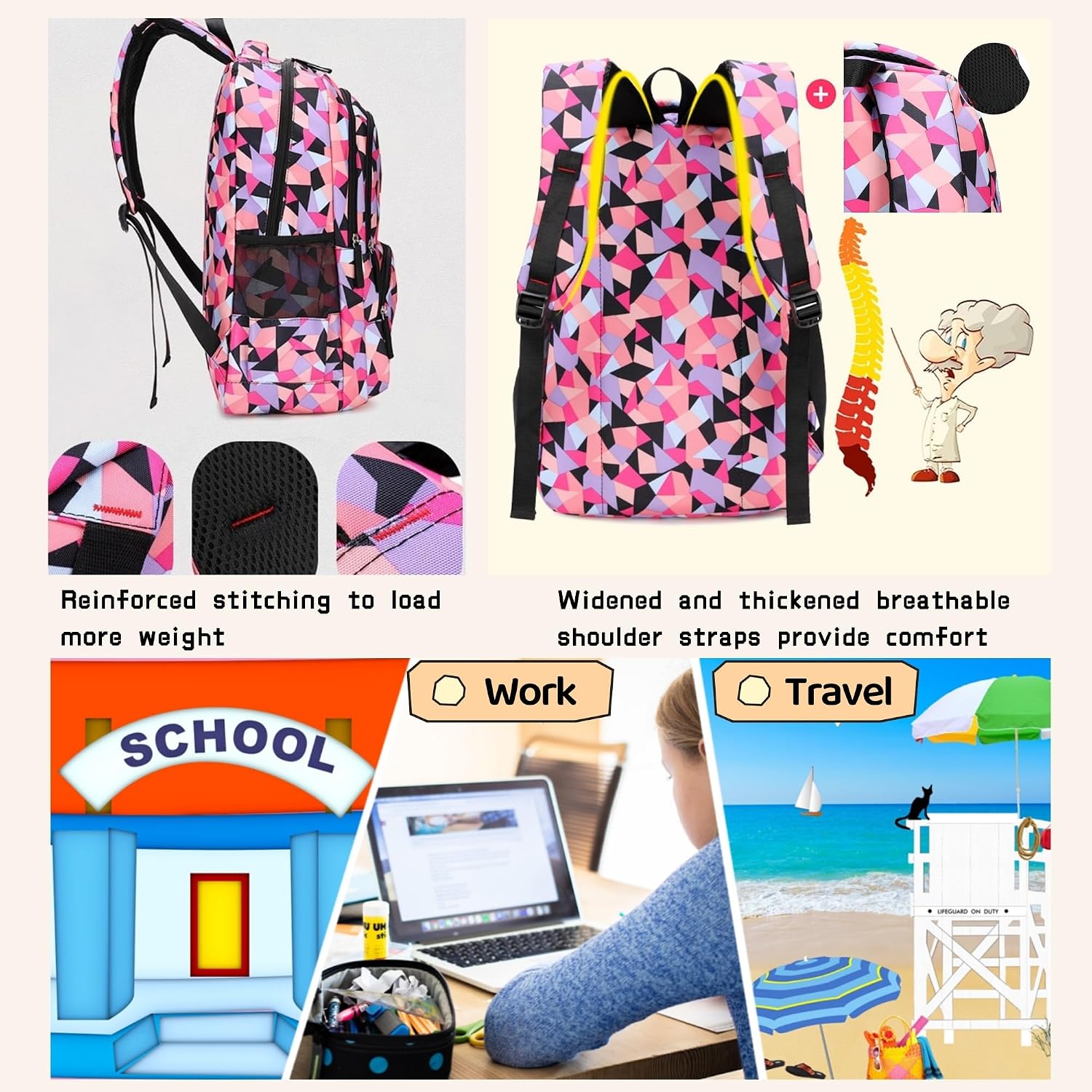 Geometric Print Kids Backpack for Girls Boys School Bag Bookbags | Multi-Pocket Girls Backpack for Primary Middle
