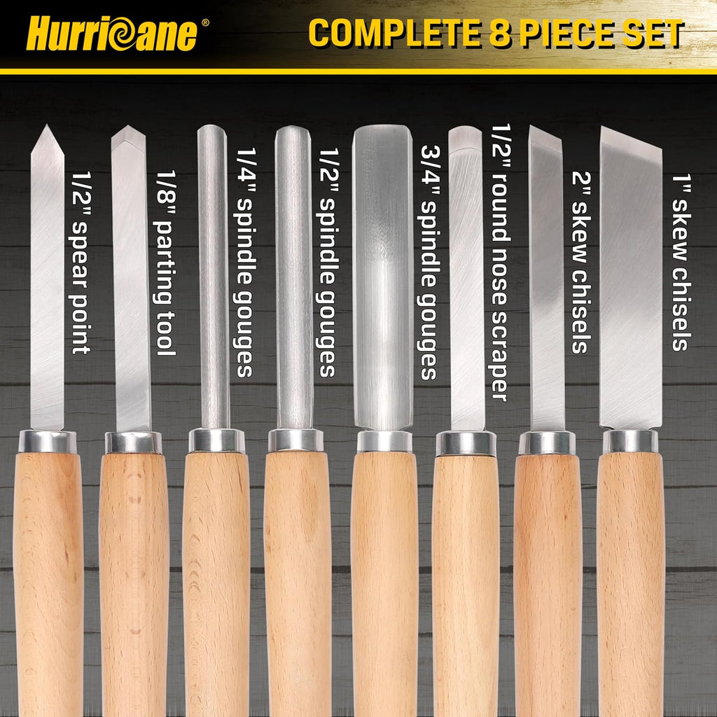 8pc Wood Lathe Turning Tool Set, Wood Turning Chisel Set for Woodworking. 2 Skew 1 Spear Point 1 Parting 1 Round Nose