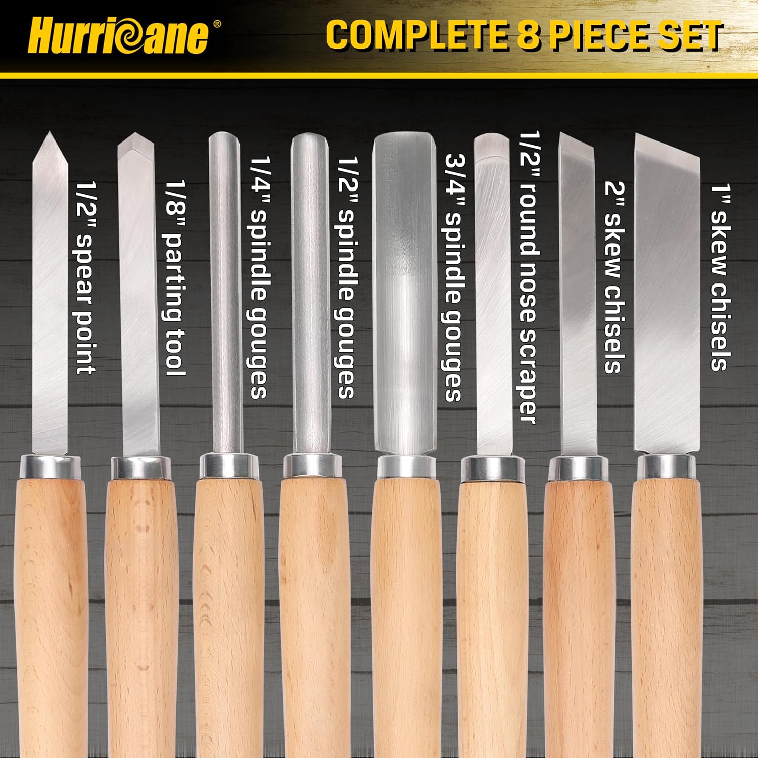 8pc Wood Lathe Turning Tool Set, Wood Turning Chisel Set for Woodworking. 2 Skew 1 Spear Point 1 Parting 1 Round Nose