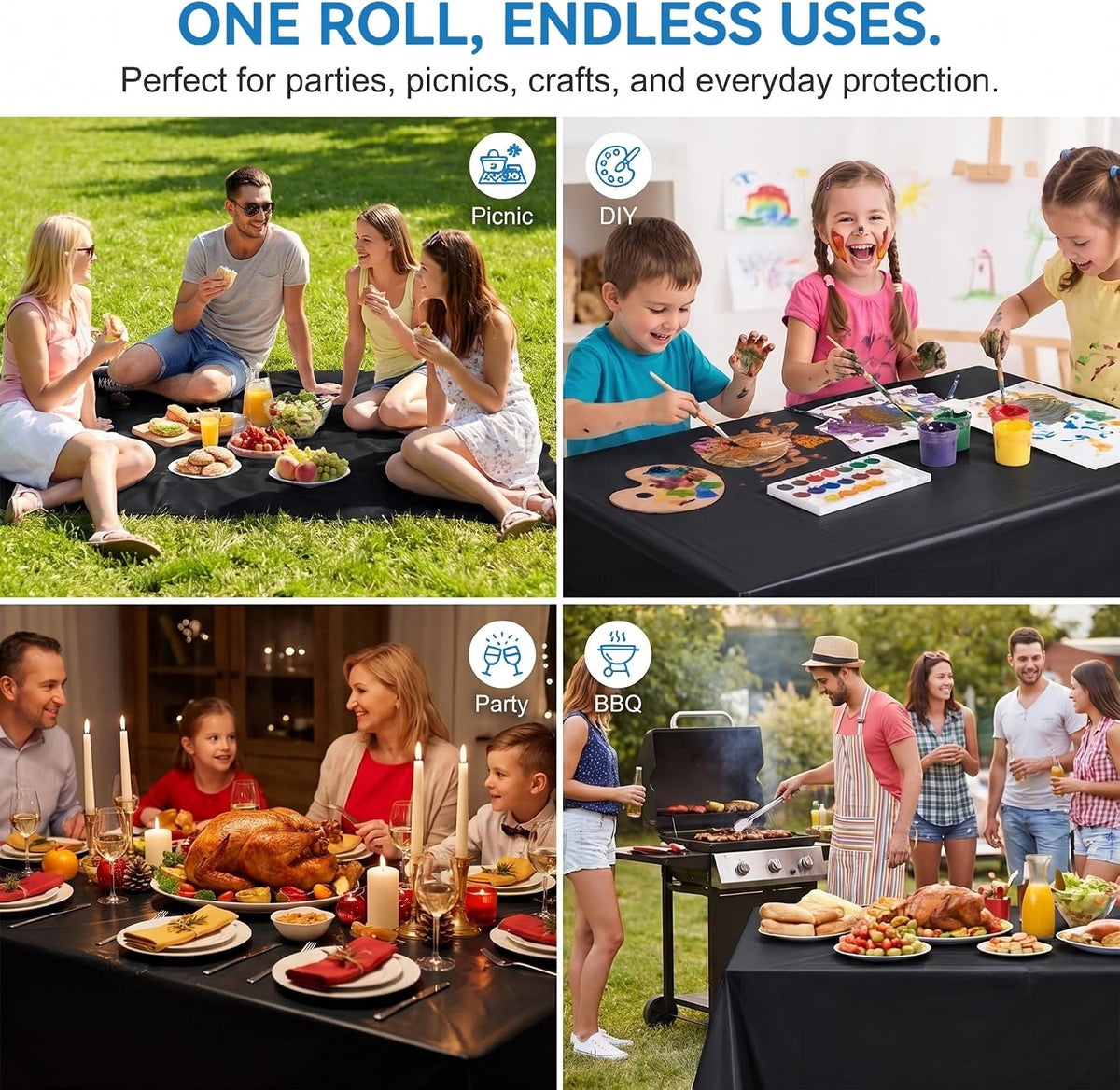 Disposable Table Cloth Plastic, 54In x 300Ft Black Plastic Tablecloth Roll