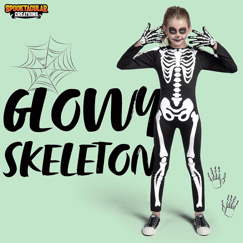 Halloween Kids Skeleton Costume, Unisex Glow in the Dark Skeleton Jumpsuit with Gloves for Boys, Girls