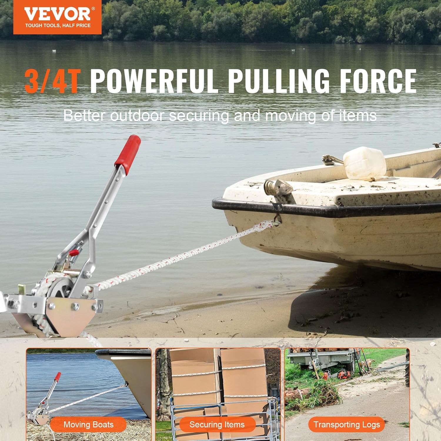 Rope Puller, 3/4 Ton (1,653 lbs) Pulling Capacity, with 100' of 0.6" dia. Rope, 2 Hook, Come Along Winch, Heavy Duty