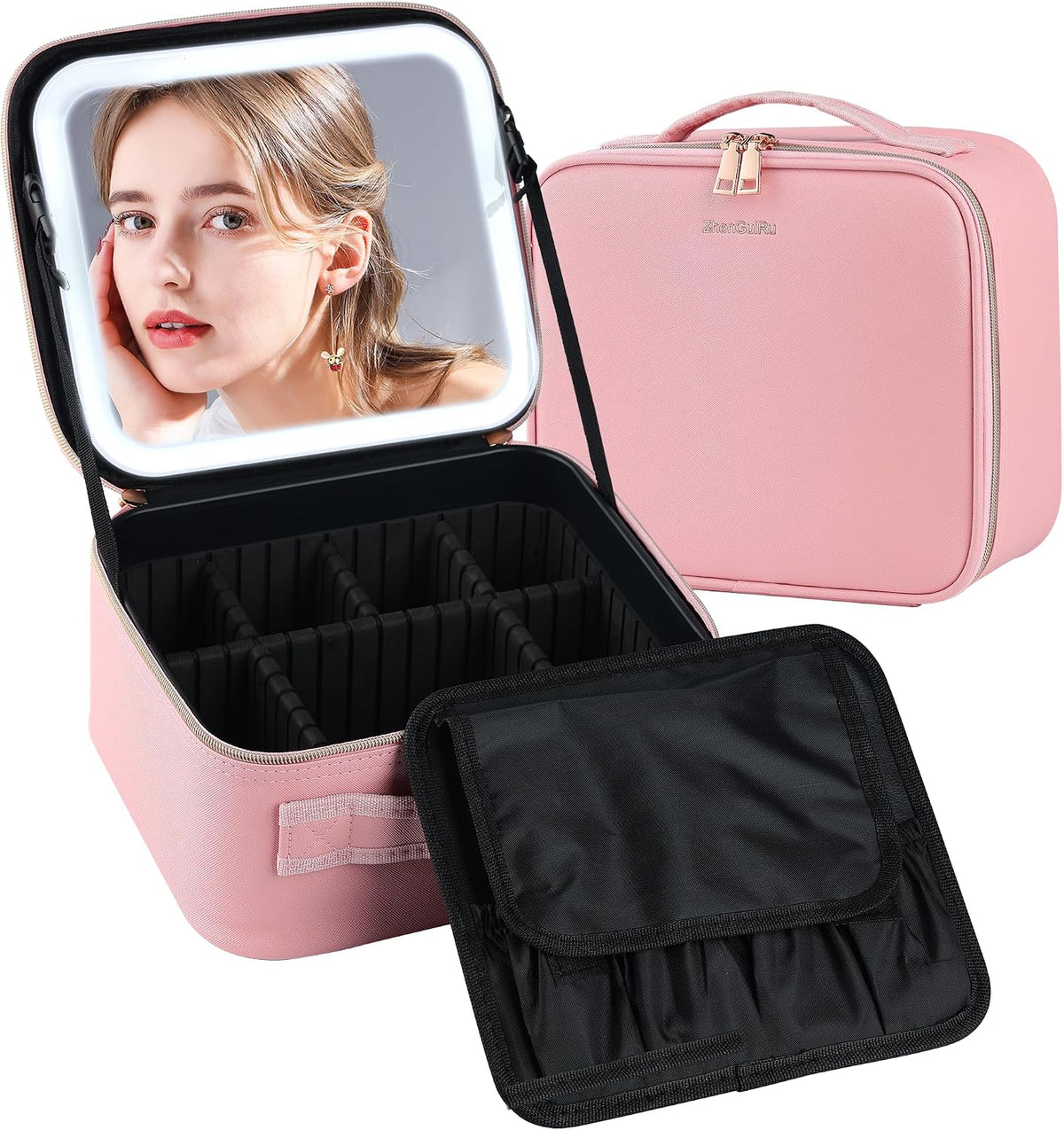 Makeup Bag with Mirror and Light, Cosmetic Travel Case with Mirror, Large Makeup Organizer with Mirror, Portable