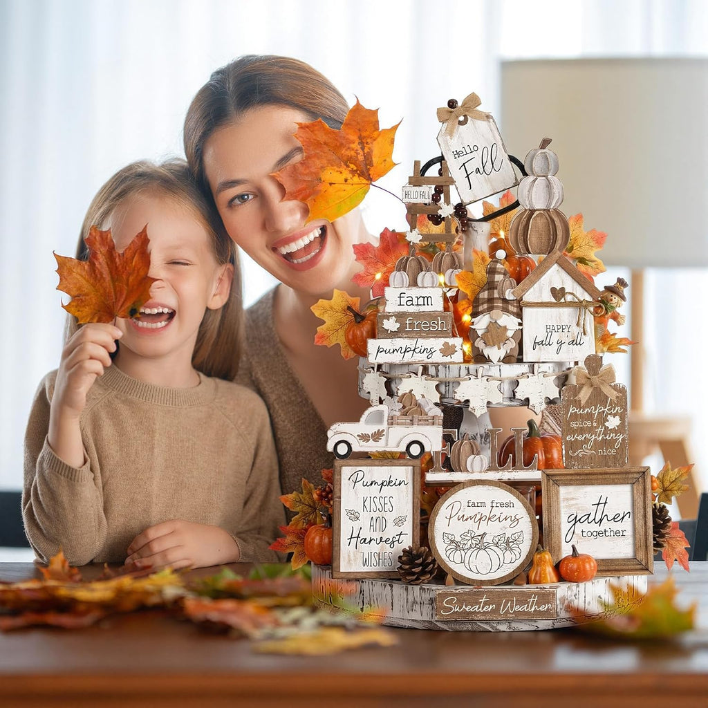 21 Pcs Fall Tiered Tray Decor Set, Rustic Farmhouse Thanksgiving Whitewashed Wooden Signs Gnome Truck Pumpkin Wood