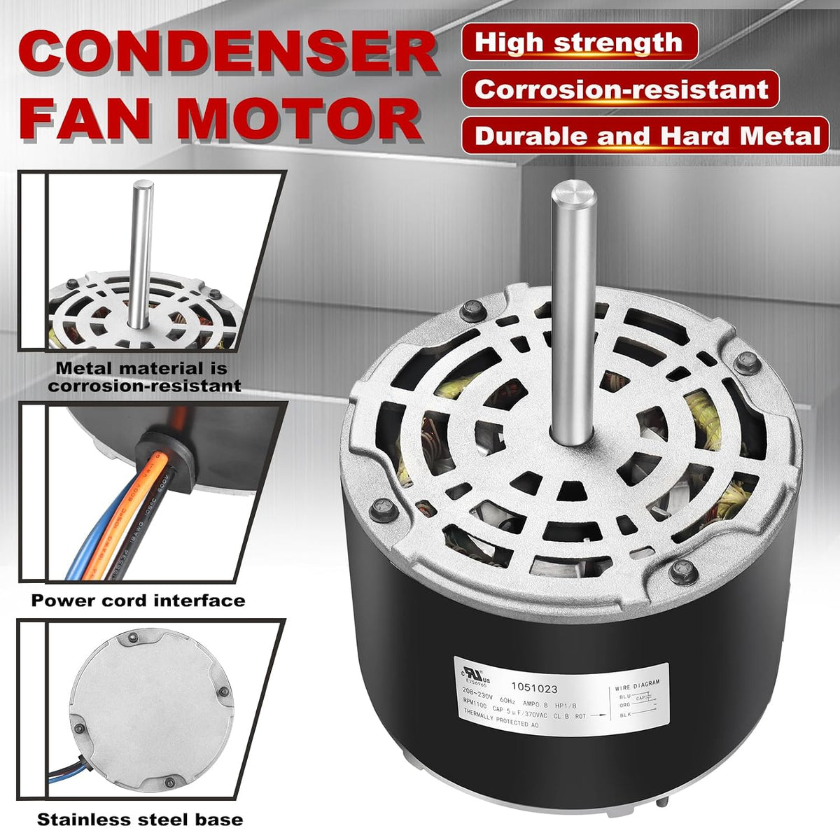 MOT18688 Condenser Fan Motor 1/8 HP, 208-230V, 1100 RPM
