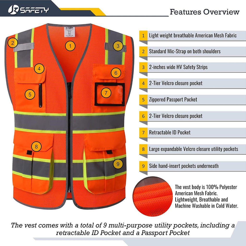Safety Vest for Men Women Hi Vis Reflective Tapes JK140 Orange L | 9 Pockets, ANSI Standards Class 2 with 4