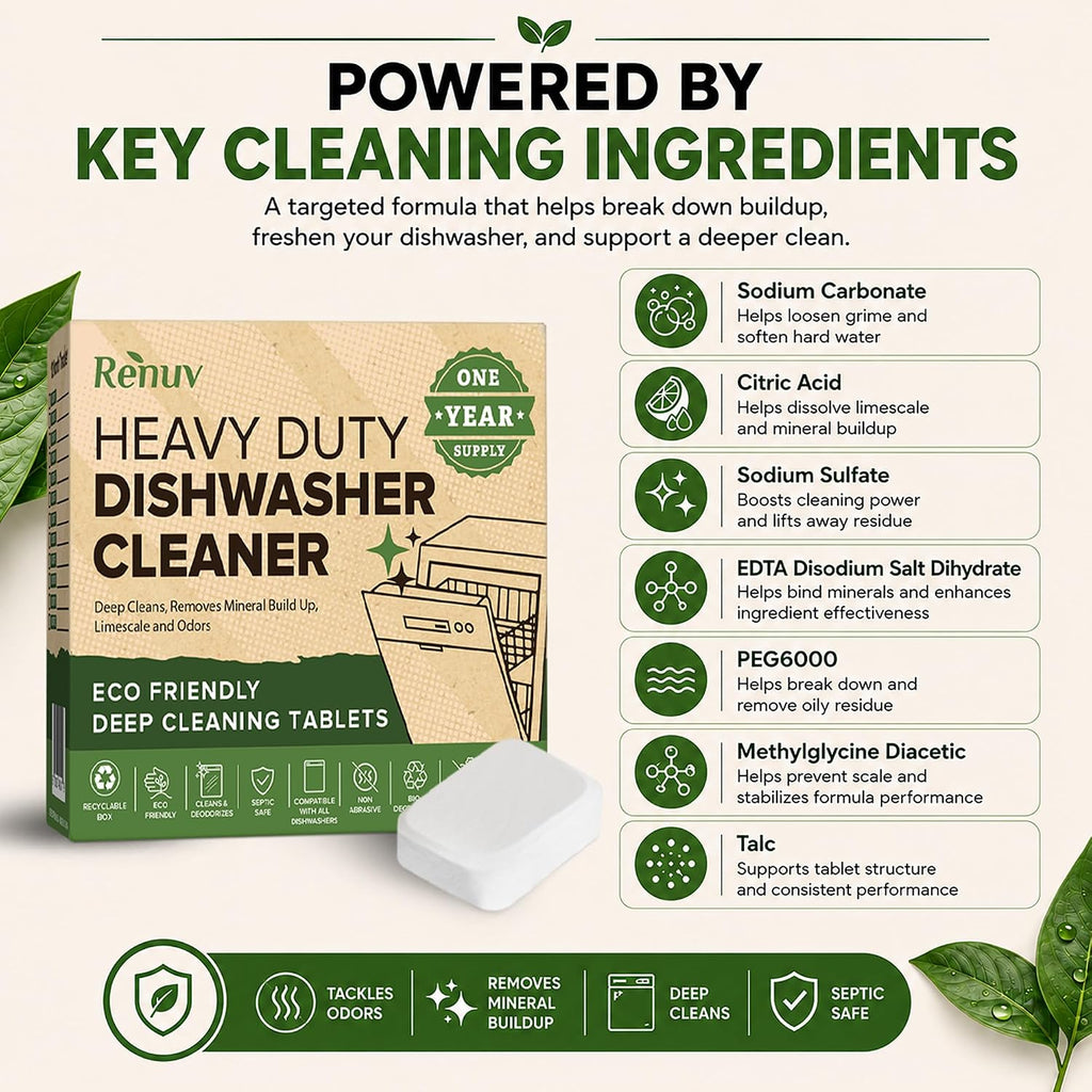 Heavy Duty Dishwasher Cleaner & Deodorizer, Descaler, 12 XL Tablets