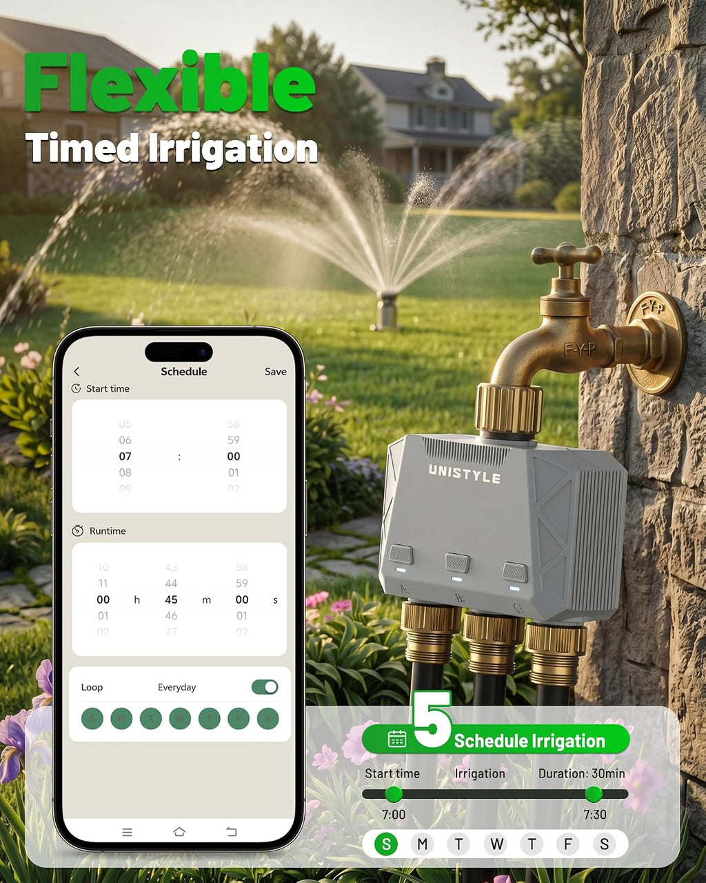 [All-New 2027] 1700FT WiFi Sprinkler Timer 3 Zone with Brass Inlet, Unistyle Smart Hose Timers Compatible Alexa &