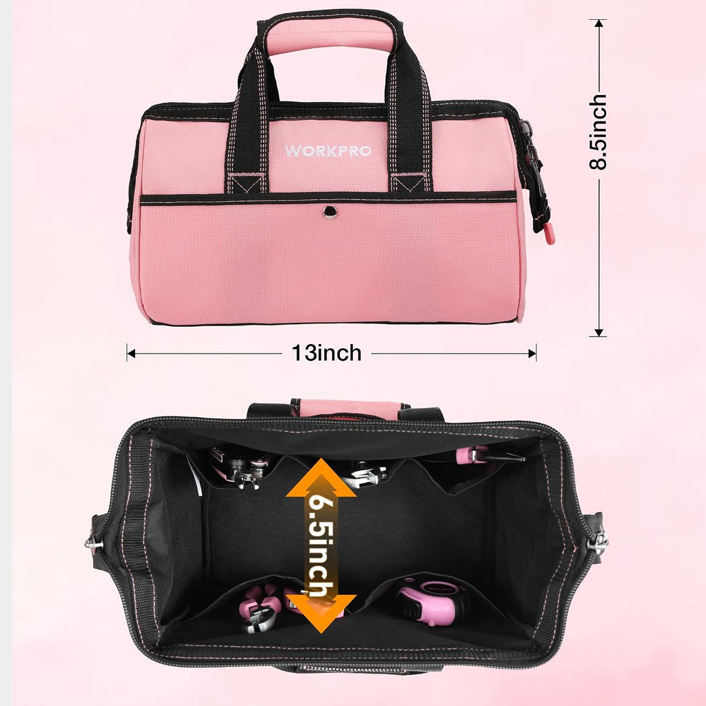 13-Inch Tool Bag, Pink Soft Cloth Tool Storage Bags, Wide Mouth Tool Tote Bag with Inside Pockets - Pink Ribbon