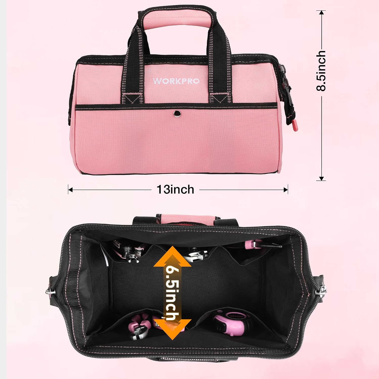 13-Inch Tool Bag, Pink Soft Cloth Tool Storage Bags, Wide Mouth Tool Tote Bag with Inside Pockets - Pink Ribbon