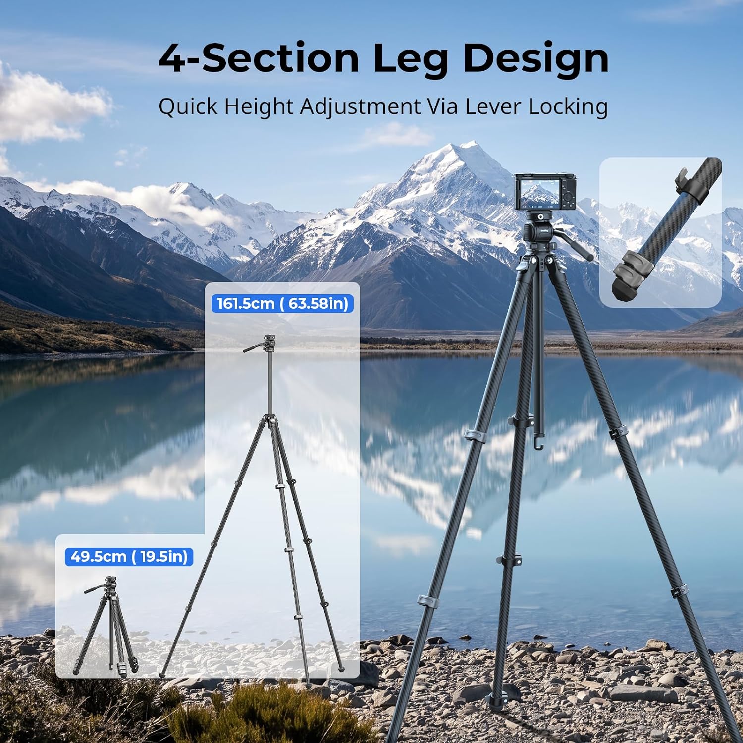 Portable Travel Video Tripod, Carbon Fiber Compact Tripod for Outdoor Photography, 5kg Load, Fluid Head with 360° Pan
