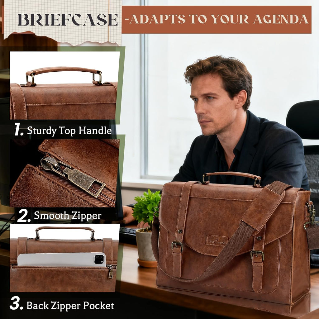 Flap Messenger Bag for Men Vintage PU Leather Laptop Bag 15.6 Inch Retro Briefcase with Wallet Satchel Computer Bag