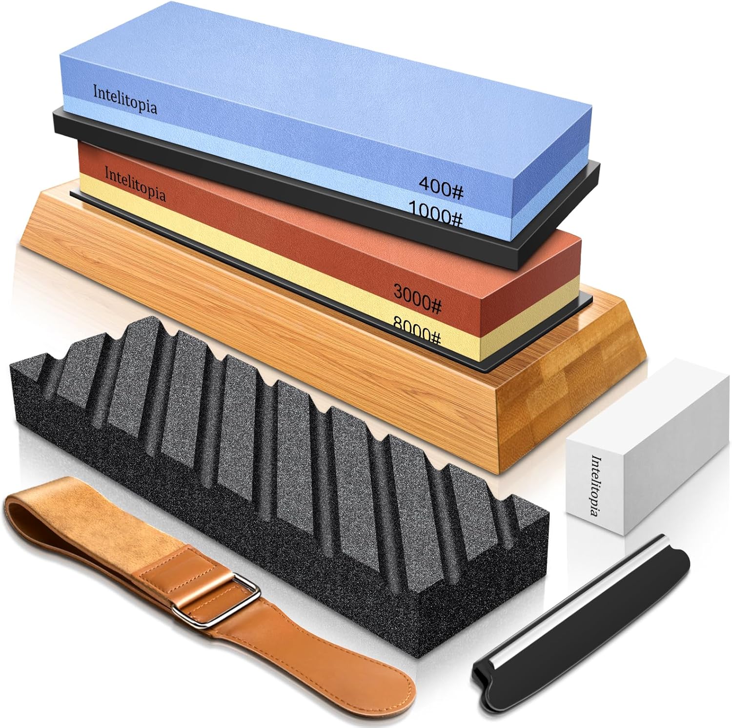 Complete Knife Sharpening Stone Set – Dual Grit Whetstone 400/1000 3000/8000 Knife Sharpener with Leather Strop
