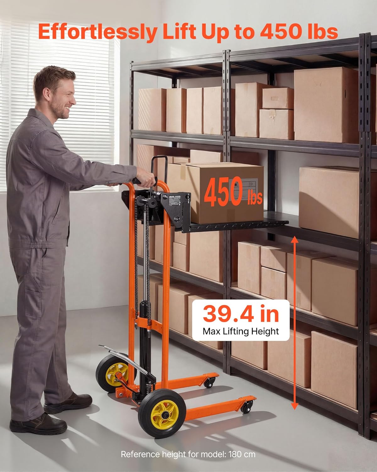 Hydraulic Material Lift Winch Stacker, 450 lbs Load Capacity, 39.4'' Max Lifting Height, Pallet Truck Dolly with Fork