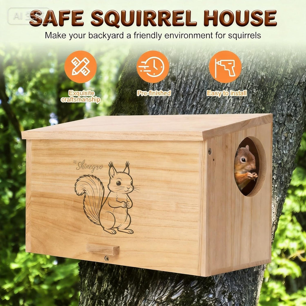 Pine Wood Squirrel House Feeder Outdoor Nesting Box for Habitat Residence (House)