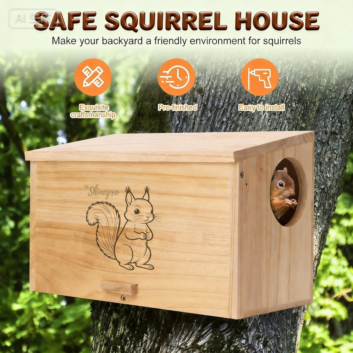 Pine Wood Squirrel House Feeder Outdoor Nesting Box for Habitat Residence (House)