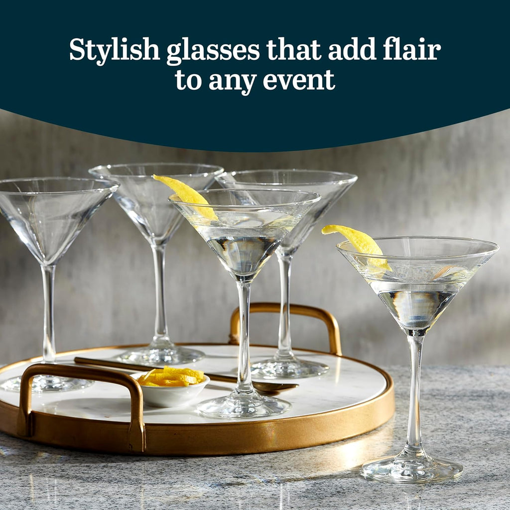 Entertaining Essentials Martini Glasses Set of 6, Tall, Slender, Triangular-Shaped Cocktail Glasses, Classic Martini